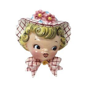 Lefton 6767 Miss Dainty Wall Pocket 1956 Vintage Vase HTF Blond Girl Bonnet Bow